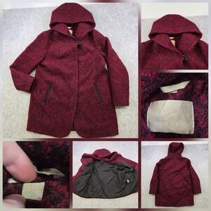 SOIA & KYO Coat Womens XL Red Wool Blend Hooded Tweed Parka Jacket Mid Length